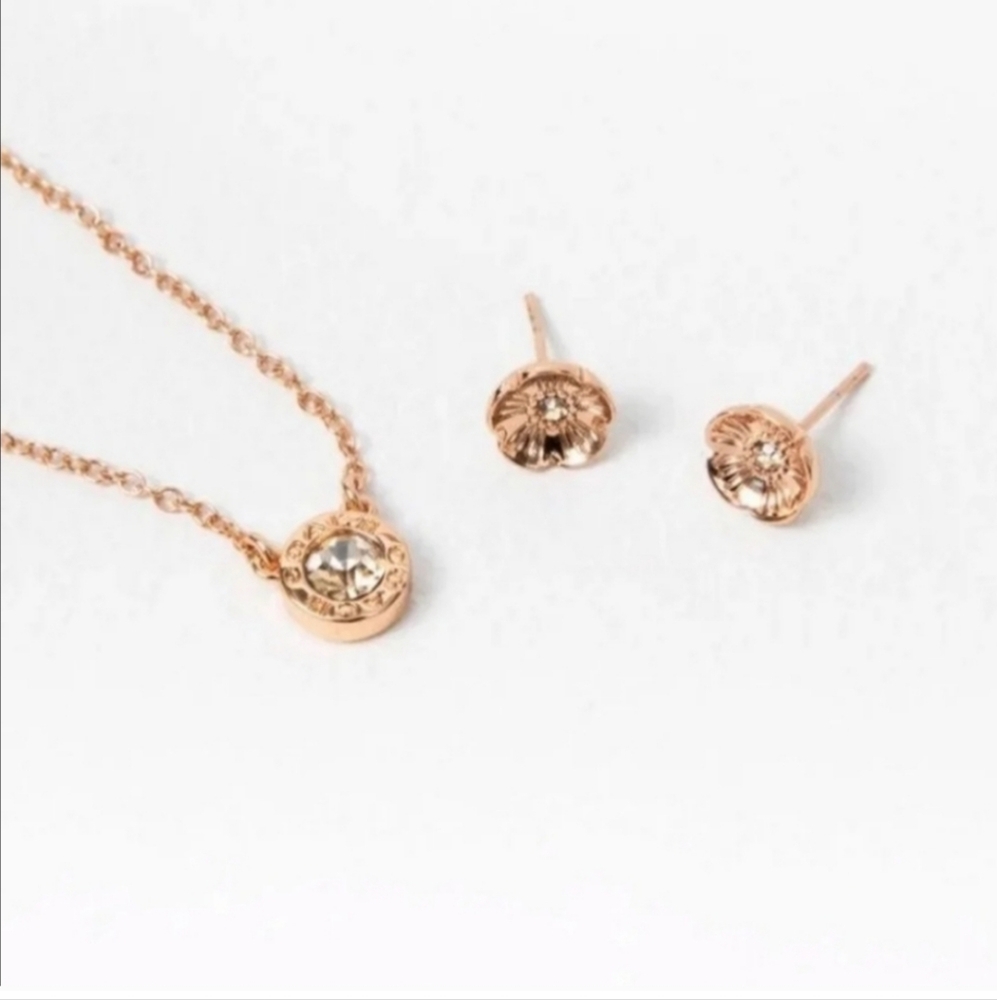 Coach Rose Gold Open Circle Necklace and Tea Rose Stud Set NWT